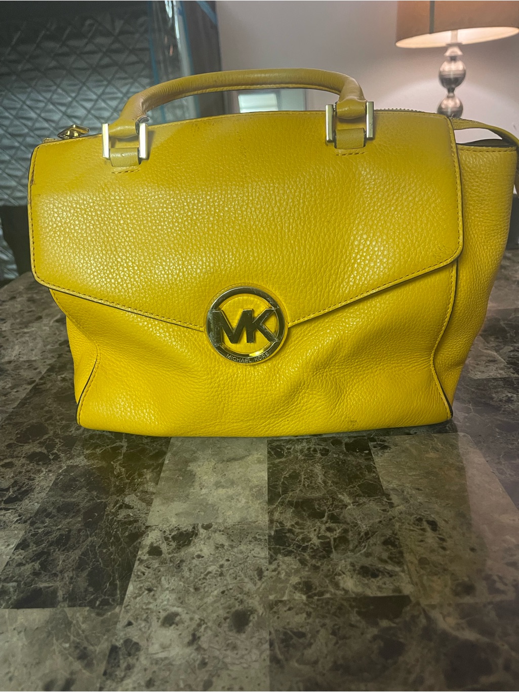 Michael Kors Yellow Pebbled Leather Satchel With Mk Medallion